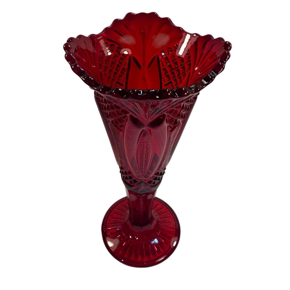 Mosser Red Glass Diamond Cut Vase Partial Glow New USA